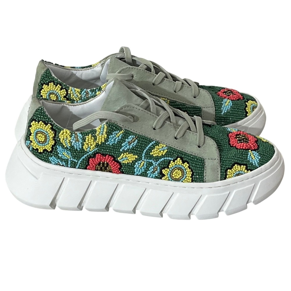 Free People Green Beaded Floral Platform Sneakers with White Sole
